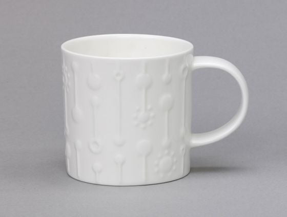Repeat Repeat's White Bone China Medium Tom Tom Fizz mug. Made in England.