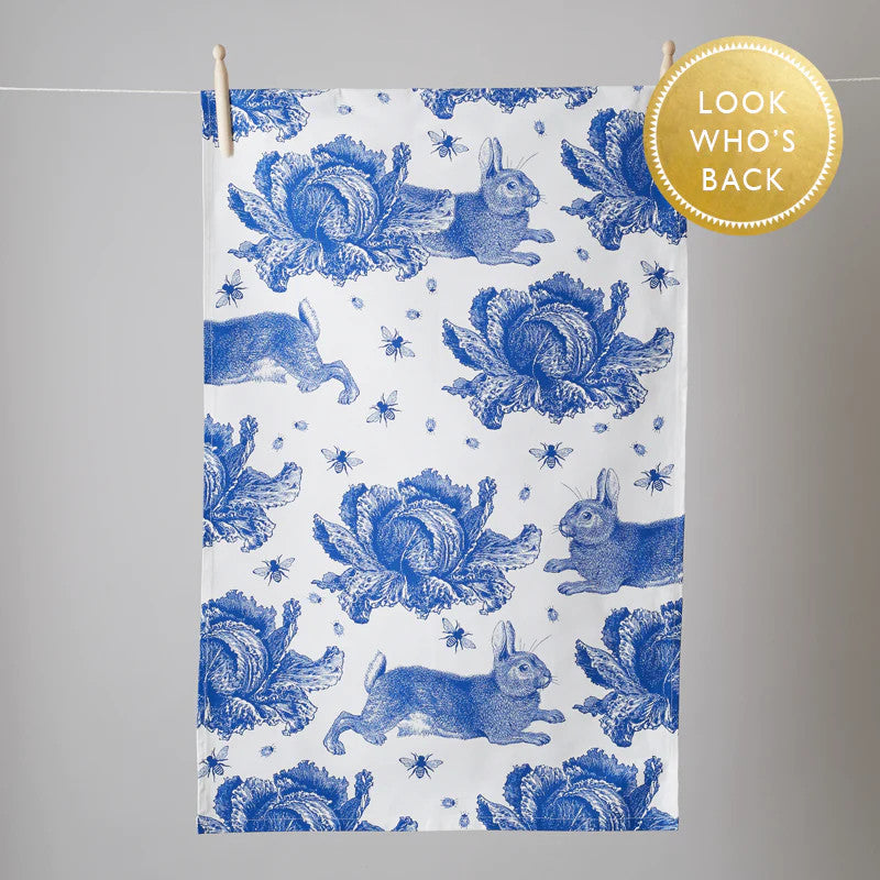 Thornback & Peel Rabbit & Cabbage Delft Blue 100% Cotton Tea Towel