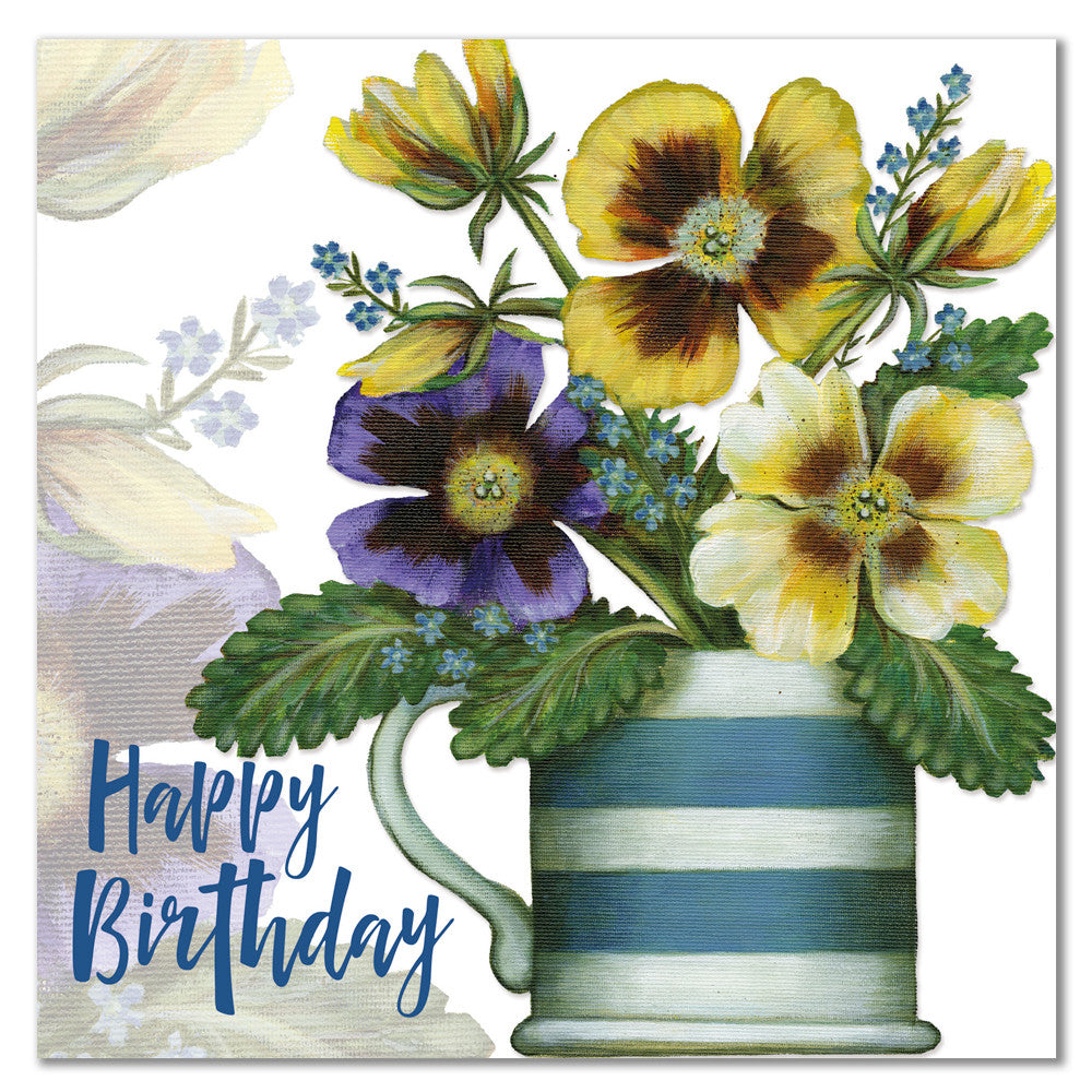 Caroline Cleave Pansies in a Mug birthday card