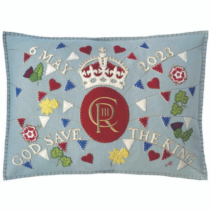 Jan Constantine Coronation Party hand-embroidered felt cushion in duck egg blue.