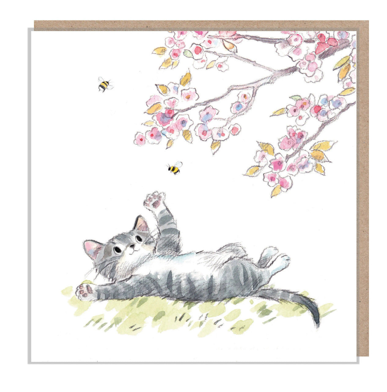 Cat Under Blossom Tree Greetings Card by Paper Shed Design