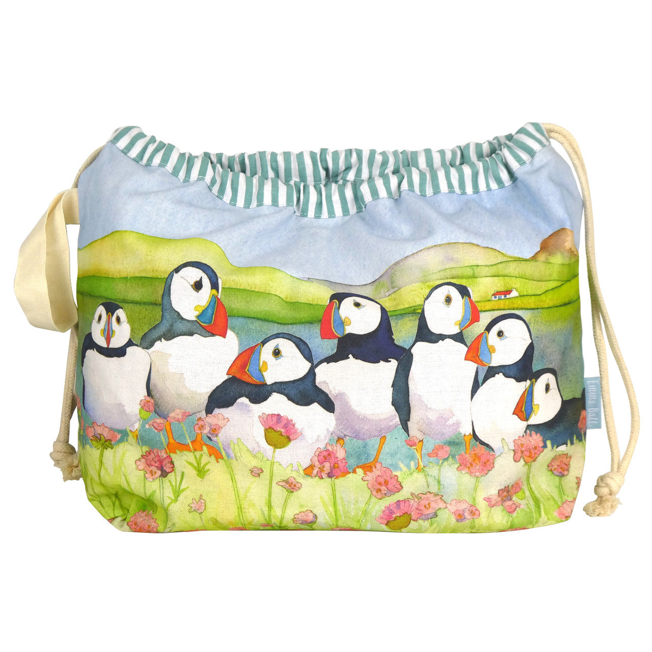 Sea Thrift Puffins Drawstring Cotton Bag from Emma Ball.