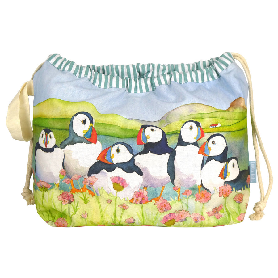 Sea Thrift Puffins Drawstring Cotton Bag from Emma Ball.
