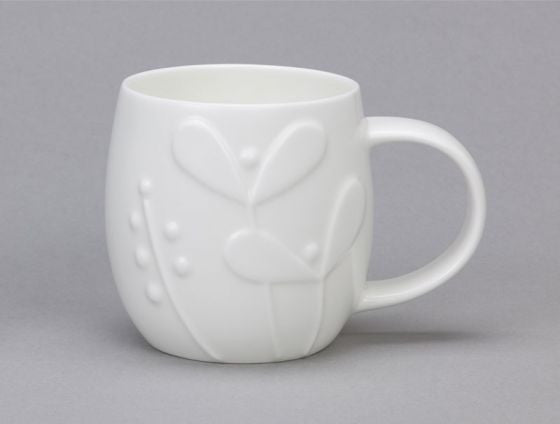Repeat Repeat's White Bone China Plum Seedling mug. Made in England.