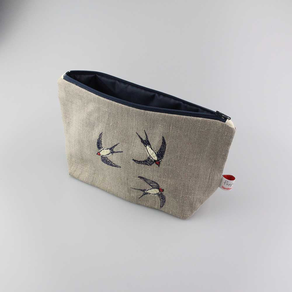 Swallows Embroiedered Lined Make Up Bag by Poppy Treffry