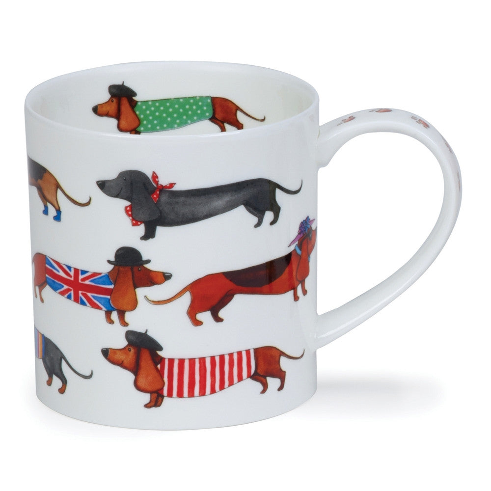 Fine bone china Orkney Dashing Dogs Dachshund Mug. Handmade in England.