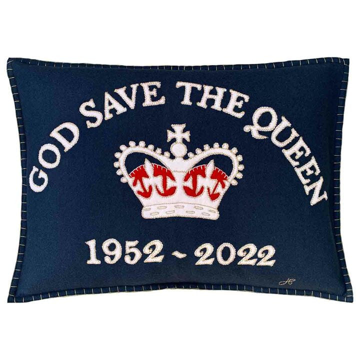 Jan Constantine Platinum Jubilee God Save The Queen hand-embroidered felt cushion in navy.