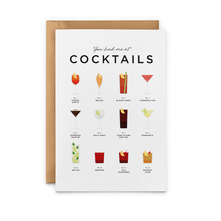 You Had Me at Cocktails Card from Everlong Print Co. Made in England.