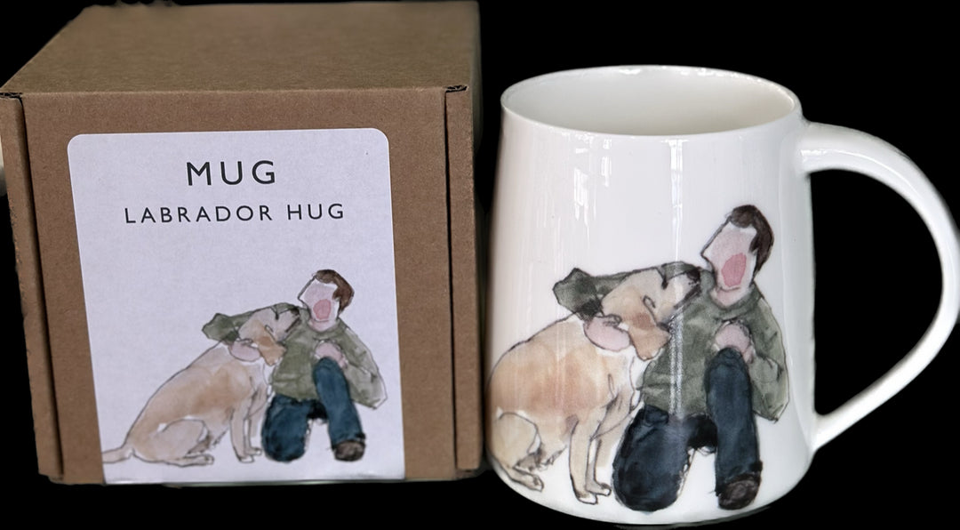 Labrador Hug Mug Bone China Mug by Helen Beard.