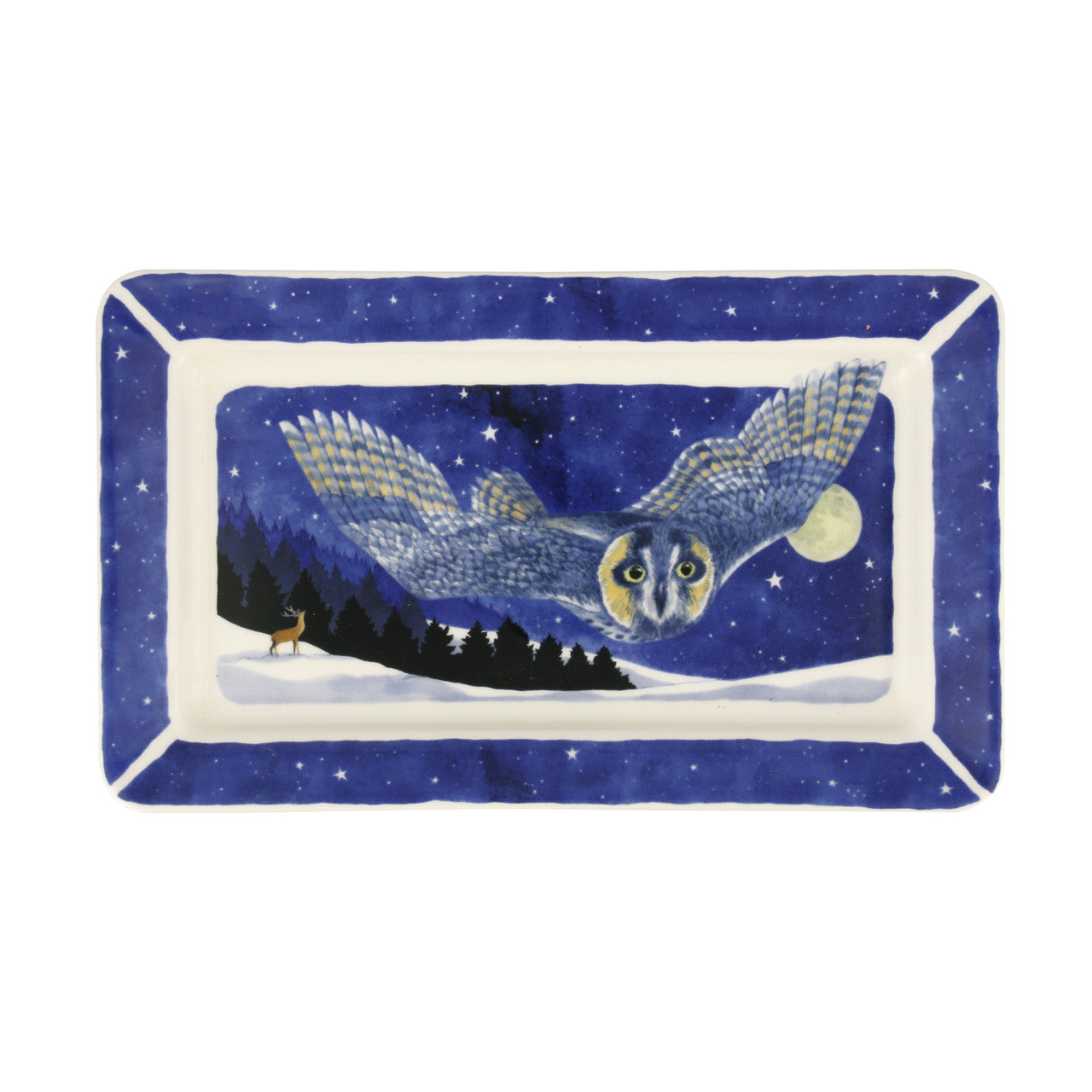 Handmade medium oblong plate in Emma Bridgewater's Winter Animals Winter Owl Pattern.