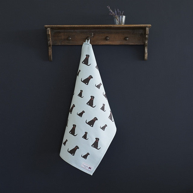 Organic cotton tea towel covered in Chocolate Labradors from Sweet William Designs.