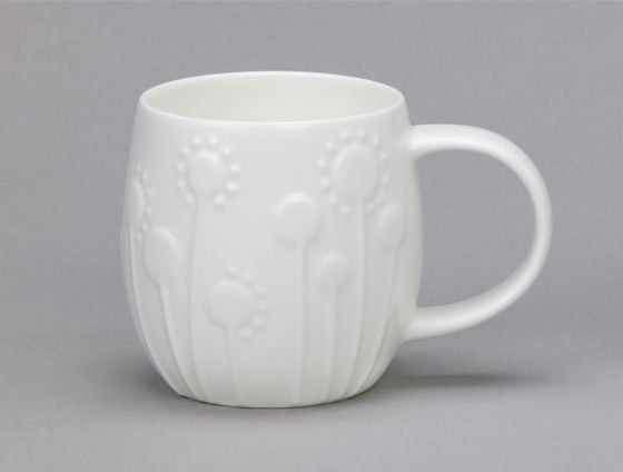 Repeat Repeat's White Bone China Plum Lollipop mug. Made in England.