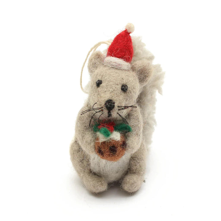 Grey Squirrel with Christmas Pudding Felt Decoration