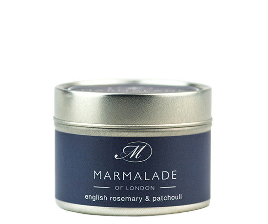 English Rosemary & Patchouli small tin candle from Marmalade of London.