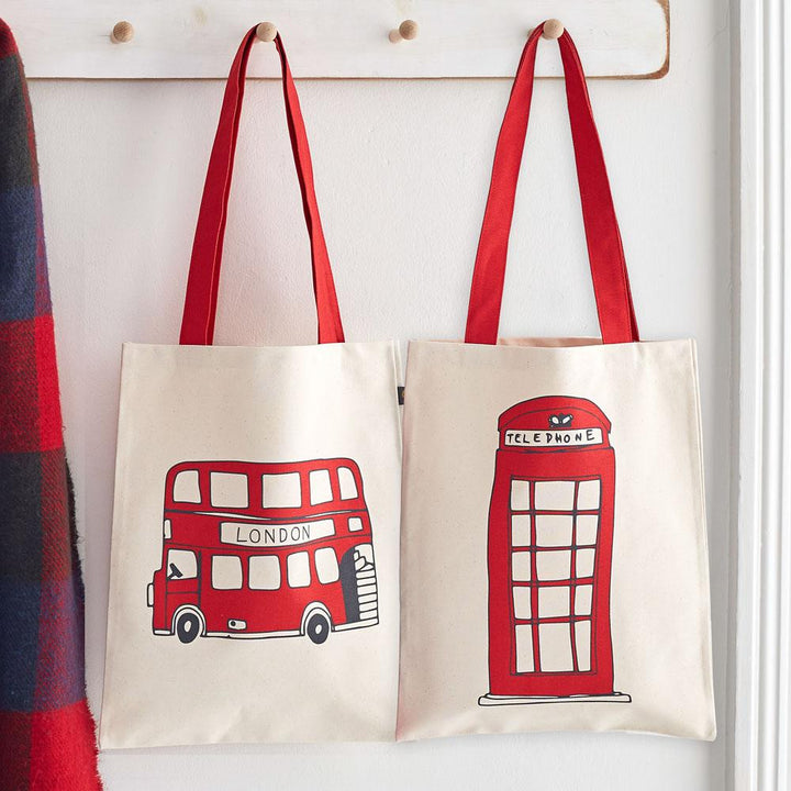 Telephone Box and London Bus Canvas bag from Victoria Eggs. 