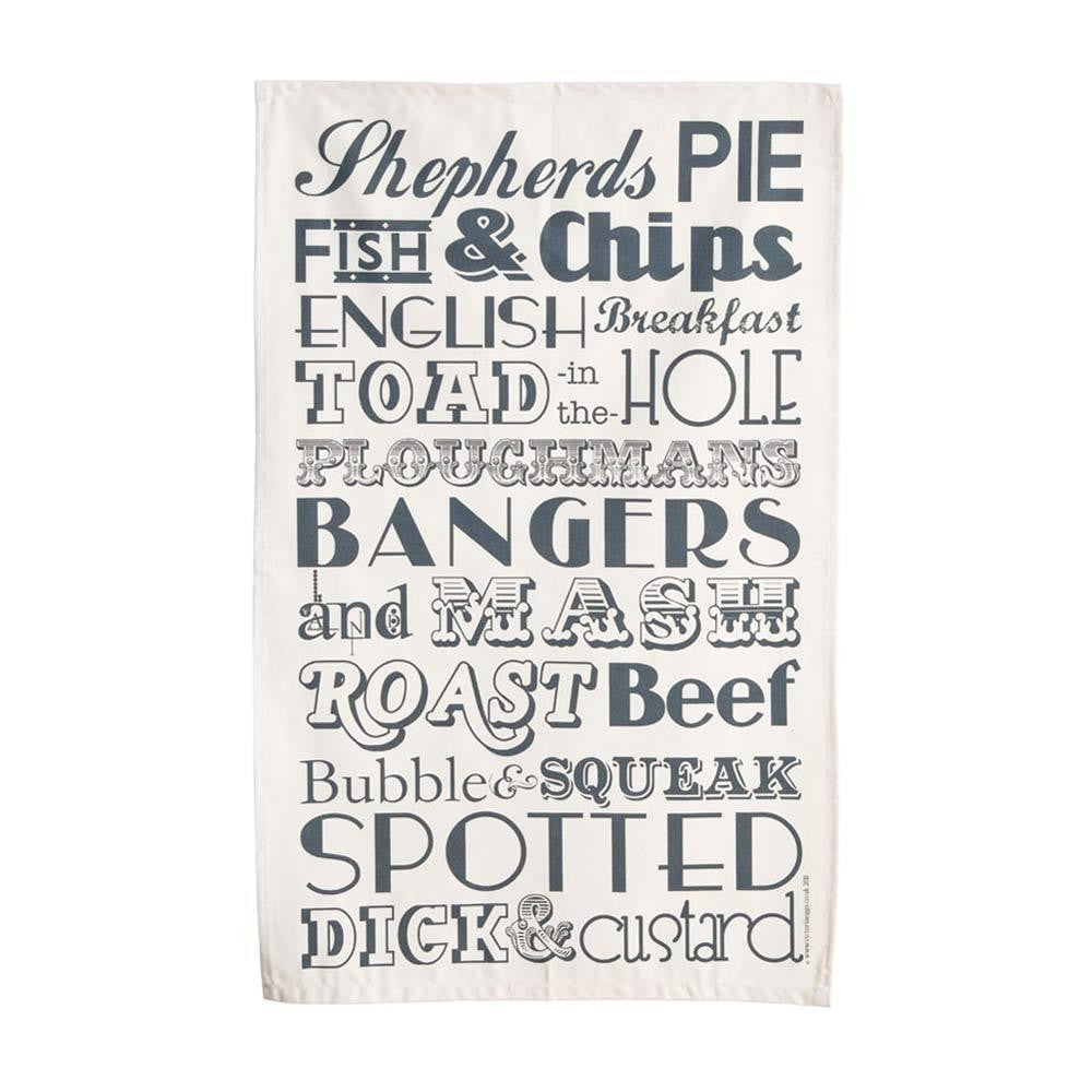 Charcoal English Dinner cotton tea towel from Victoria Eggs.