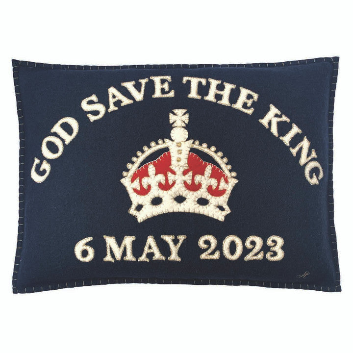 Jan Constantine Coronation God Save The King hand-embroidered felt cushion in navy.