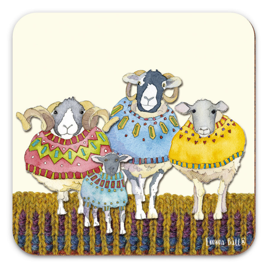 Four Sheep in Sweaters Coaster by Emma Ball.