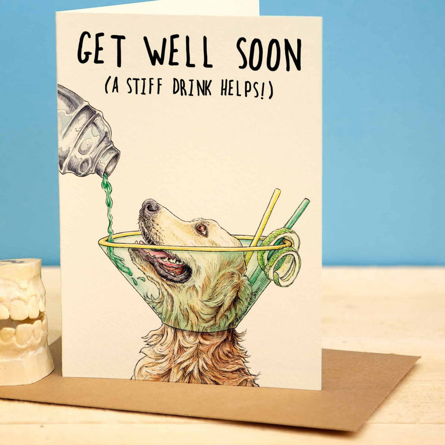 Get Well Soon - A Stiff Drink Helps Greetings Card by Bewilderbeest.