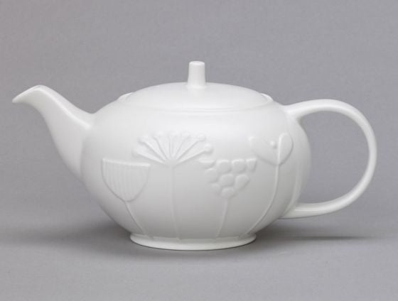 Repeat Repeat's White Bone China Plum Meadow teapot. Made in England.