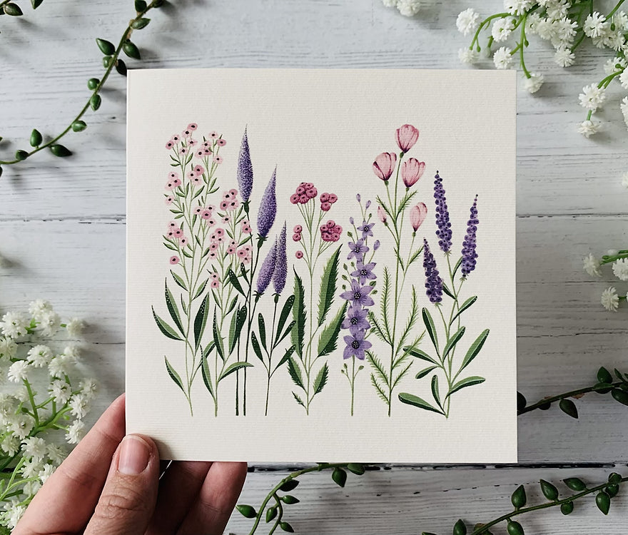 Pink and Purple Wildflower Greeting card by Becky Amelia.