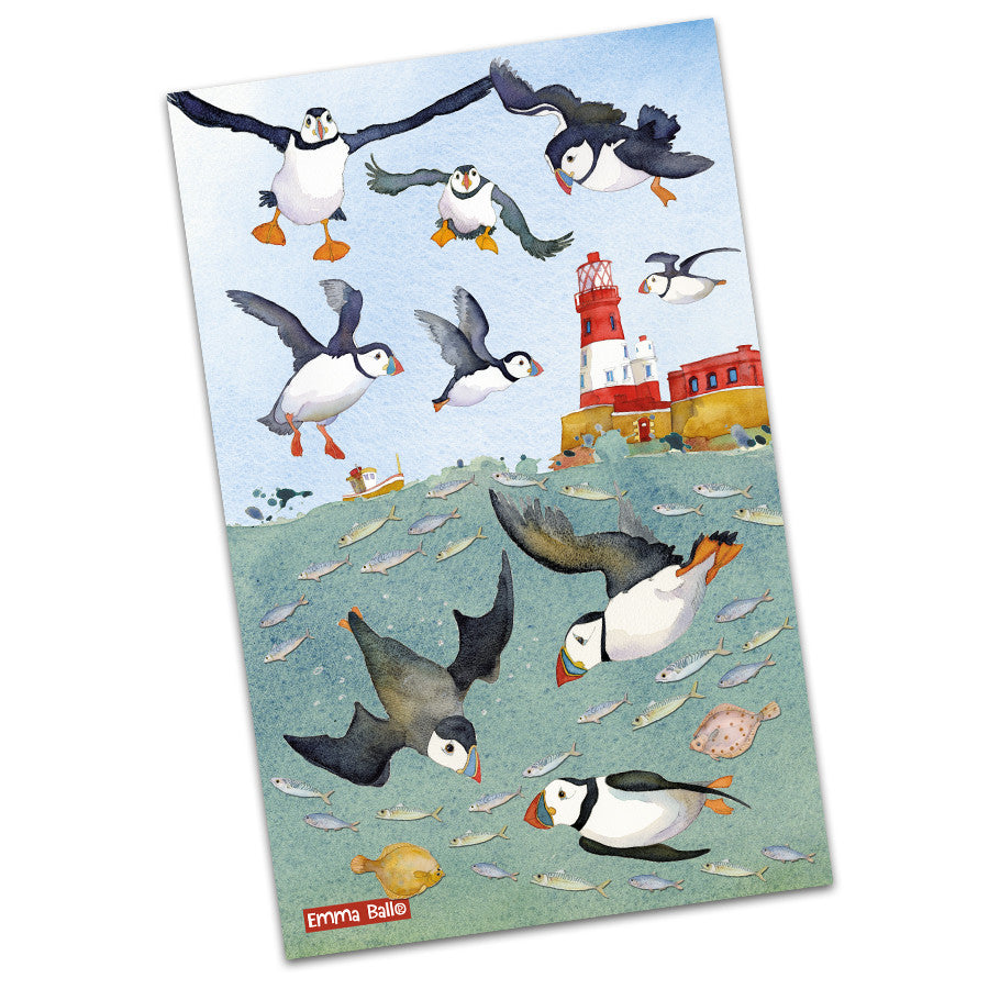 Diving Puffins 100% Cotton Tea Towel from Emma Ball.