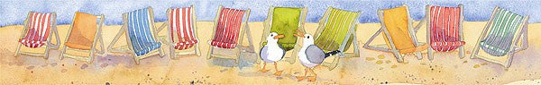 Framed long watercolor limited edition print of deckchairs by British Artist Emma Ball.