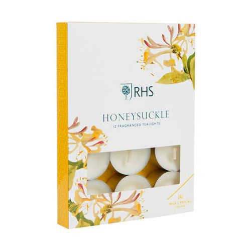 RHS Fragrant Garden Honeysuckle pack of 12 tealight candles by Wax Lyrical. Made in England.