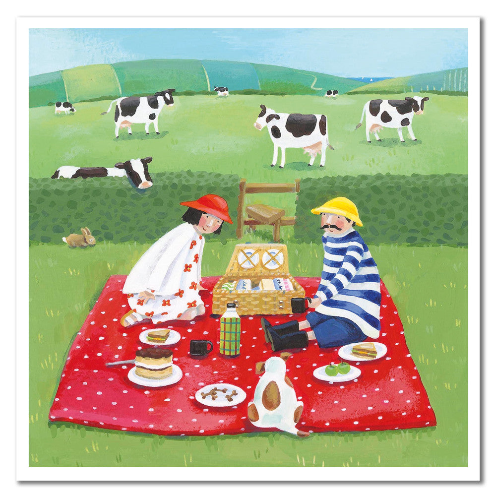 Picnic with the Cows Greetings Card by Emma Ball