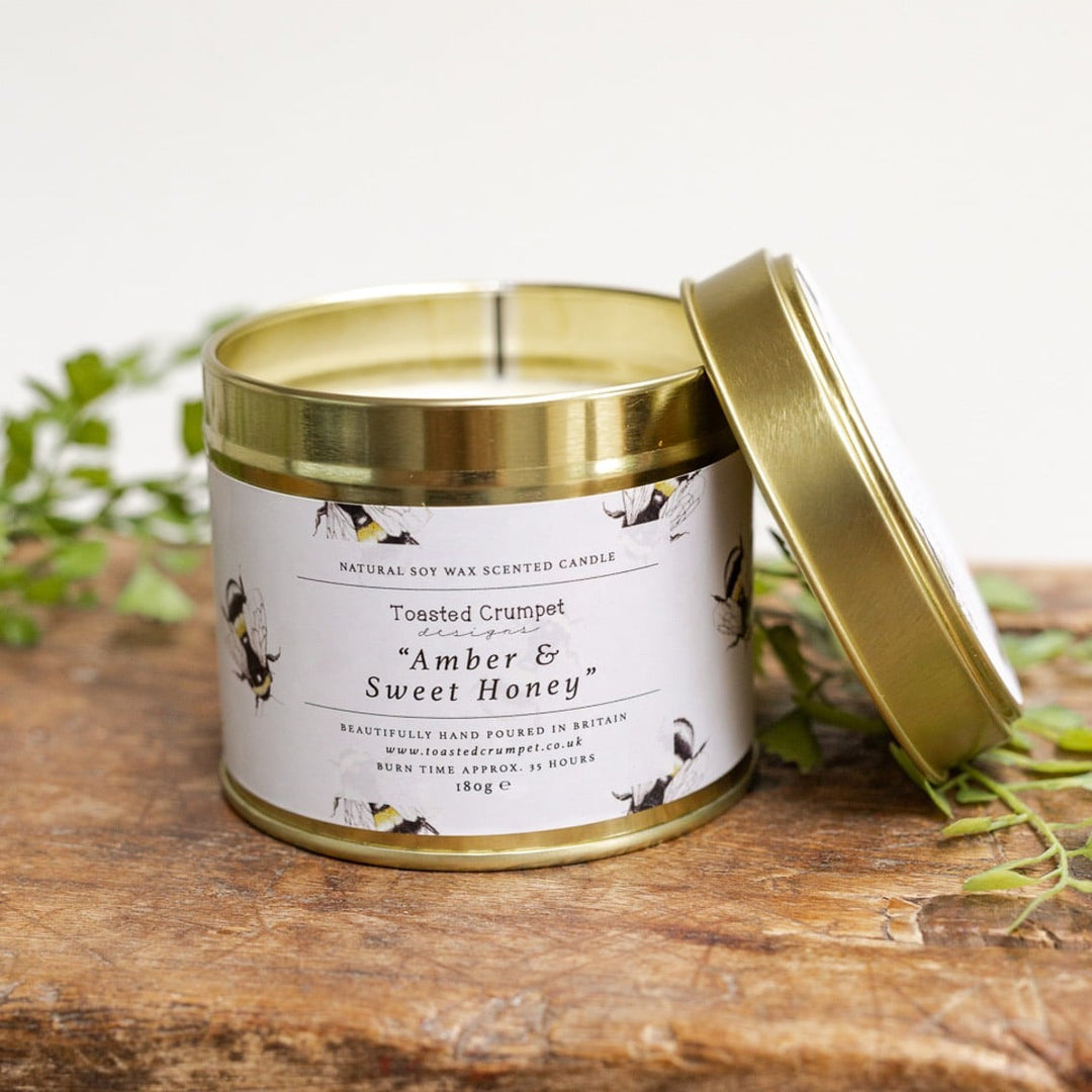 Amber & Sweet Honey Candle in a Matt Gold Tin by Toasted Crumpet.