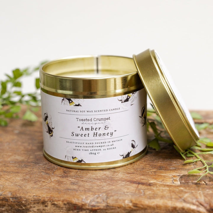 Amber & Sweet Honey Candle in a Matt Gold Tin by Toasted Crumpet.