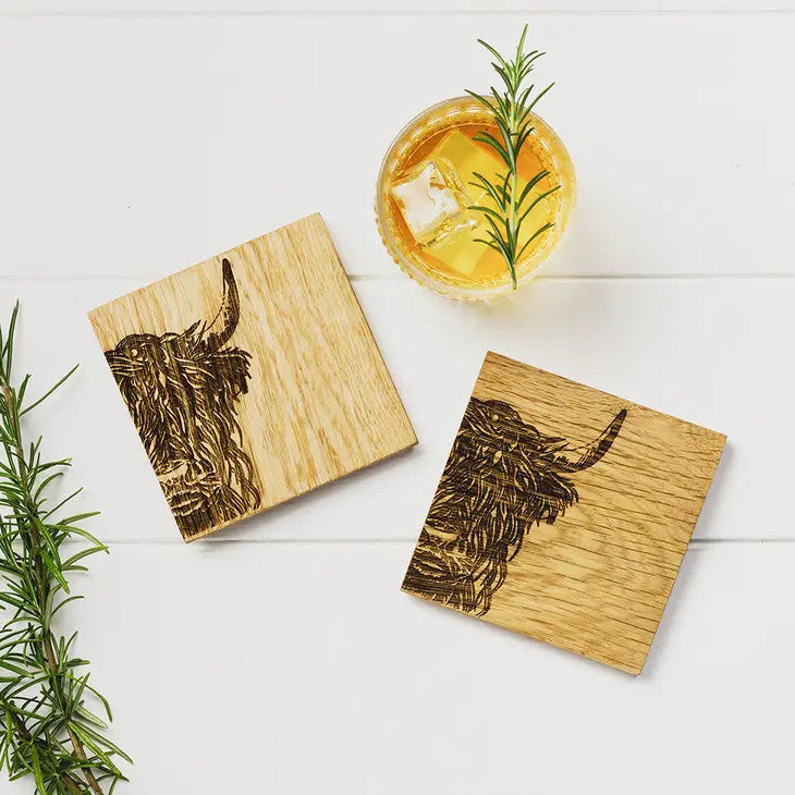 Highland Cow Oak Coasters by Scottish Made.