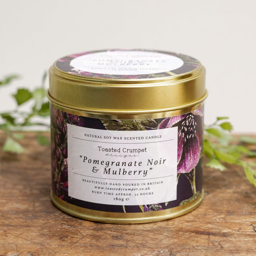 Pomegranate Noir Candle in a Matt Gold Tin by Toasted Crumpet.