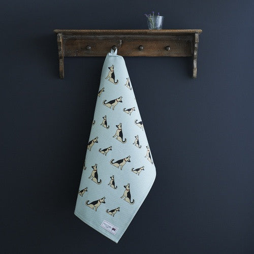 Organic cotton tea towel covered in German Shepherds from Sweet William Designs.