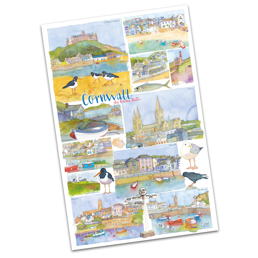 100% Cotton Cornwall Tea Towel from Emma Ball - Blue Font