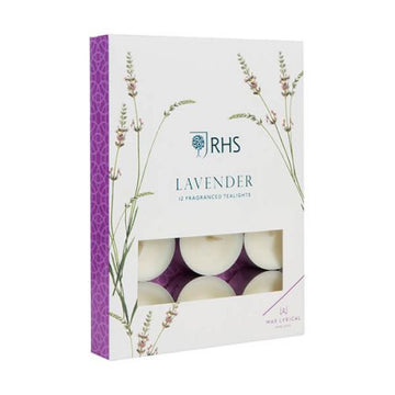 RHS Fragrant Garden Lavender pack of 12 tealight candles by Wax Lyrical. Made in England. Image