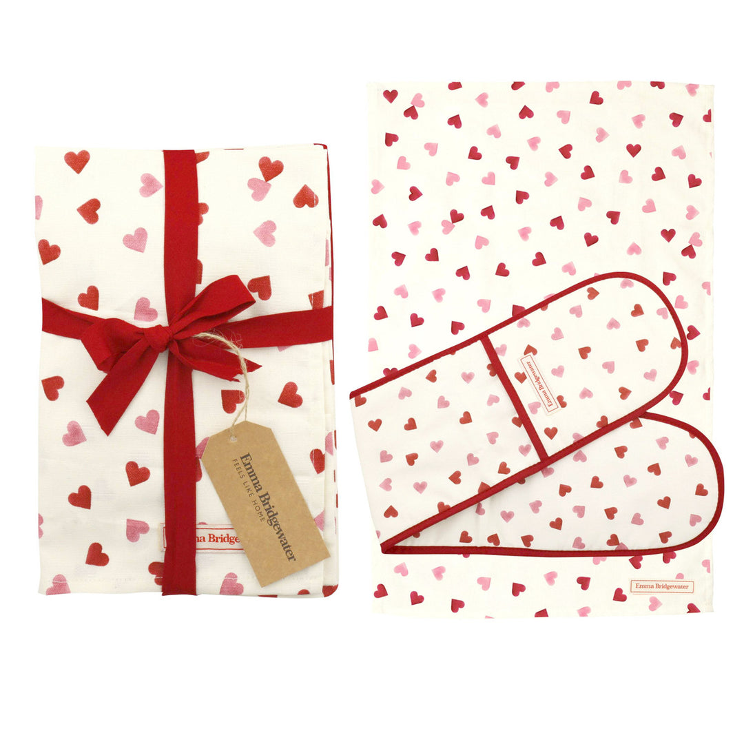 100% Cotton Emma Bridgewater Pink Hearts Oven Glove & Tea Towel Set