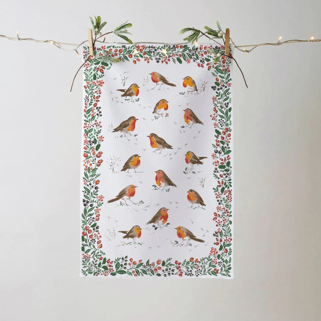 Robins Berry Border Recycled Cotton Tea Towel.