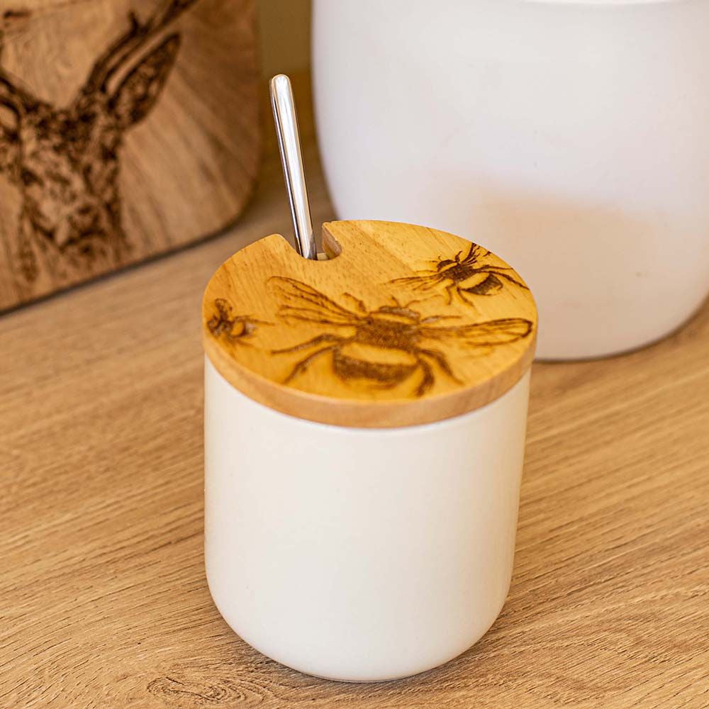 Bee Oak & Ceramic Jar & Spoon Set by Selbrae.