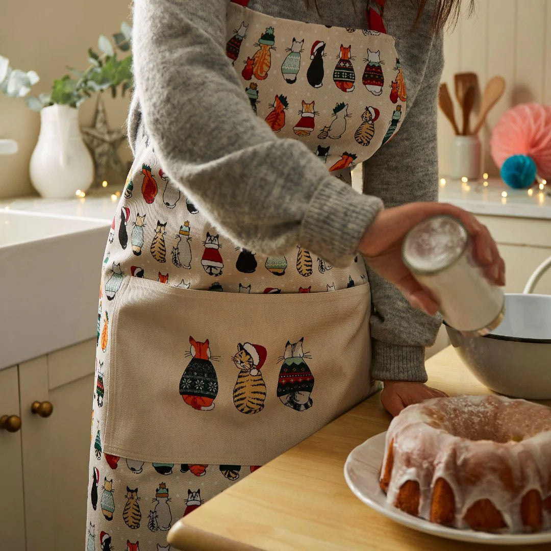 Christmas Cats in Waiting recycled cotton apron from Ulster Weavers.