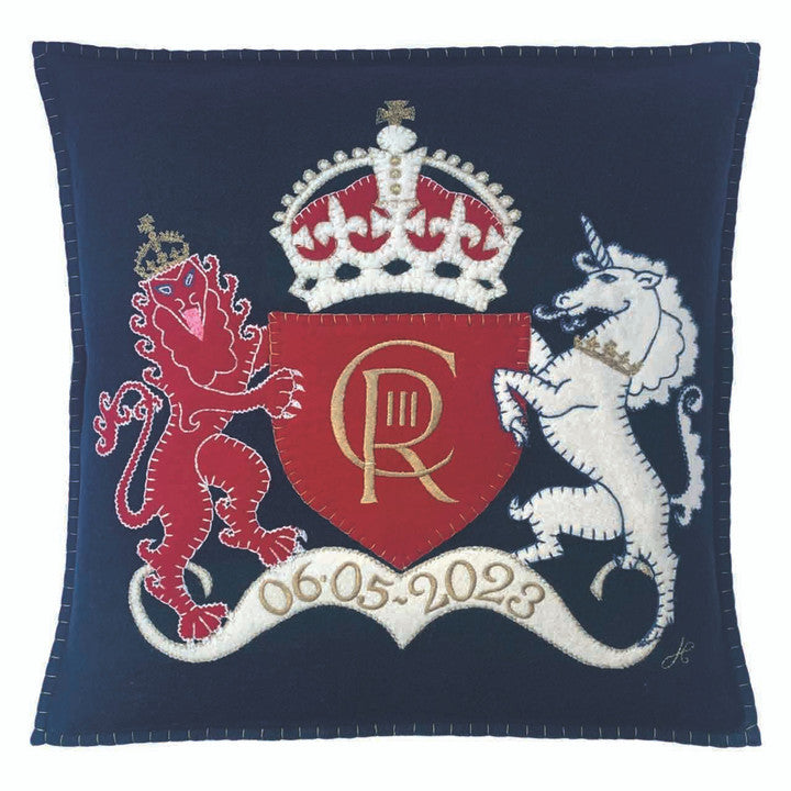 Jan Constantine Coronation Lion & Unicorn hand-embroidered felt cushion in navy.