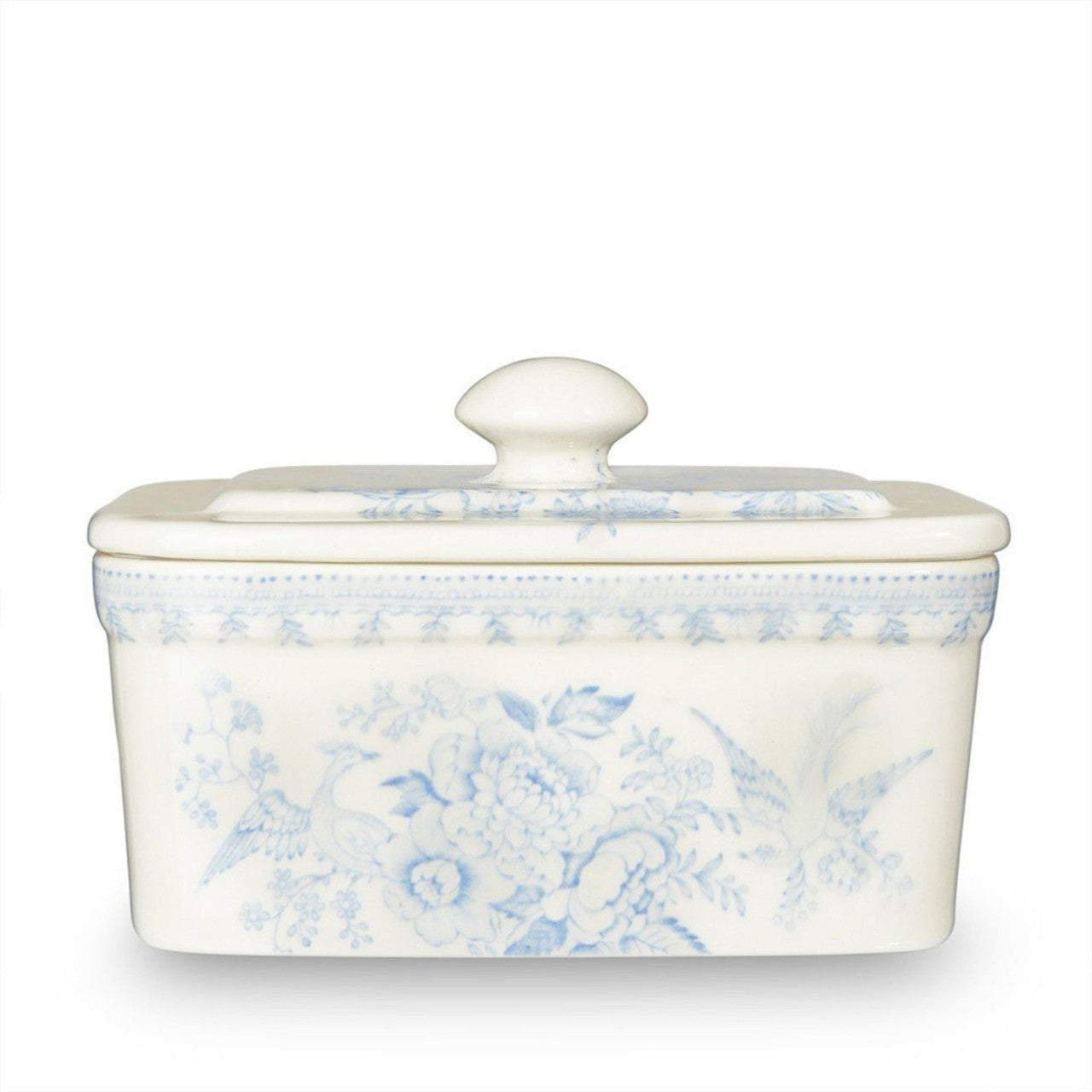 Burleigh Blue Asiatic Pheasants Pottery Butter Dish. Handmade in England.