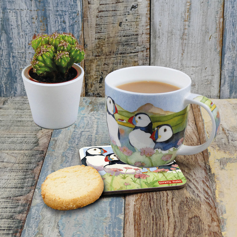 Sea Thrift Puffins Bone China Mug by Emma Ball.