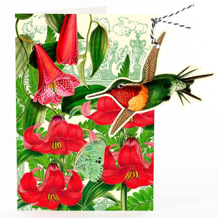 Red Tiger Lily Humming Bird Fandangle Greetings Card.