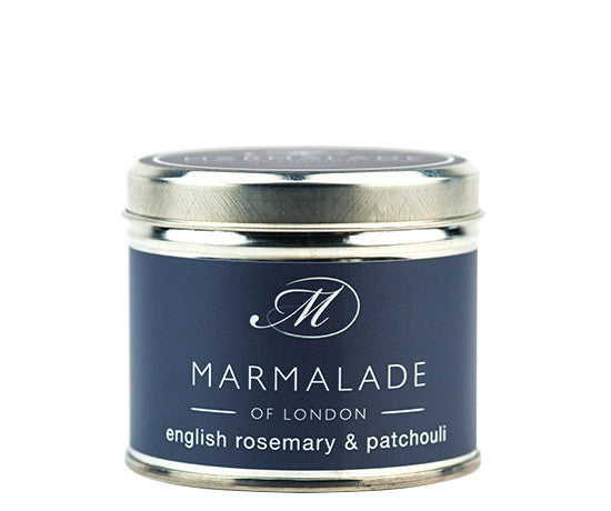 English Rosemary & Patchouli medium tin candle from Marmalade of London.