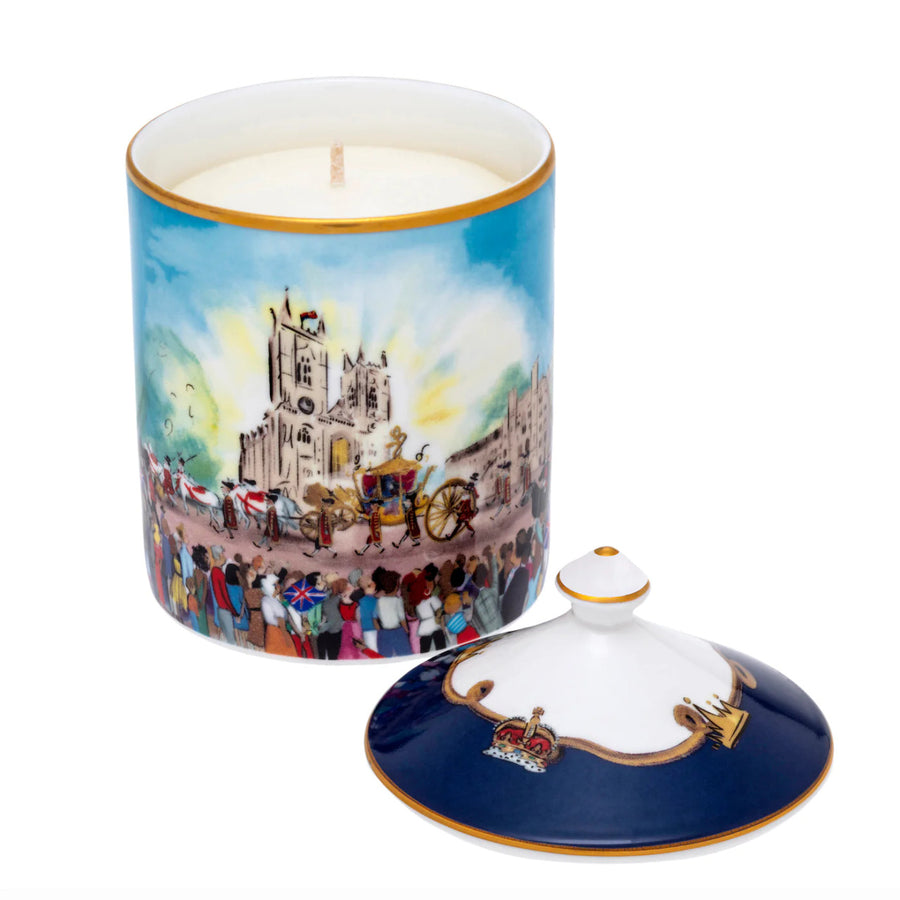 The Coronation at Westminster Abbey Sandalwood & Vetiver Lidded Candle by Halcyon Days. Made in England.