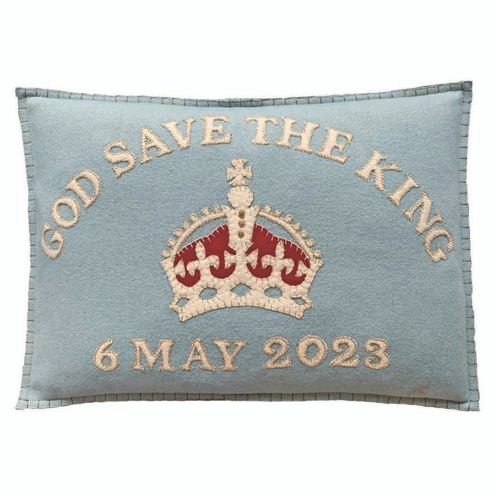 Jan Constantine Coronation God Save The King hand-embroidered felt cushion in Duck Egg Blue.