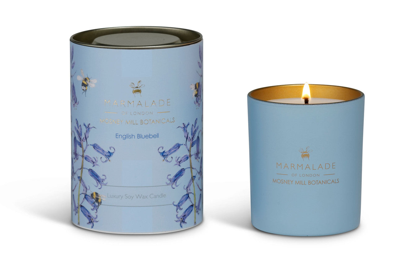 English Bluebell glass candle from Mosney Mill. Made by Marmalade of London.