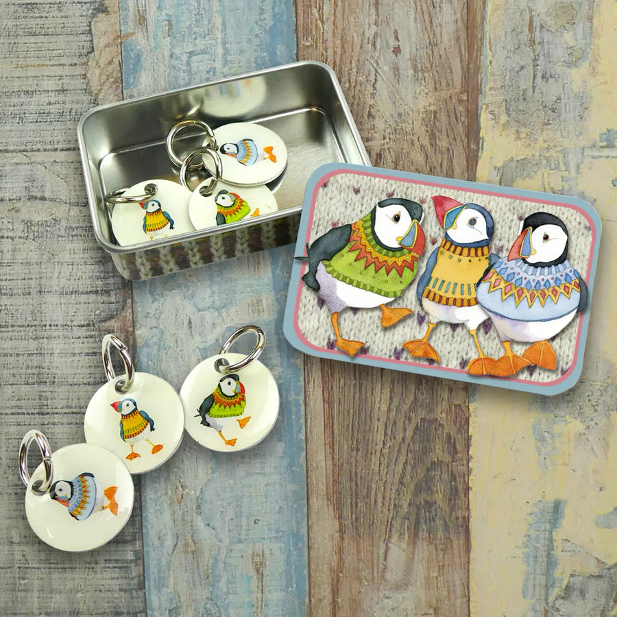 Woolly Puffins Set of 6 Stitch Markers in a Tin from Emma Ball