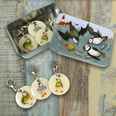 Puffins Set of 6 Stitch Crochet Markers in a Pocket Tin from Emma Ball.